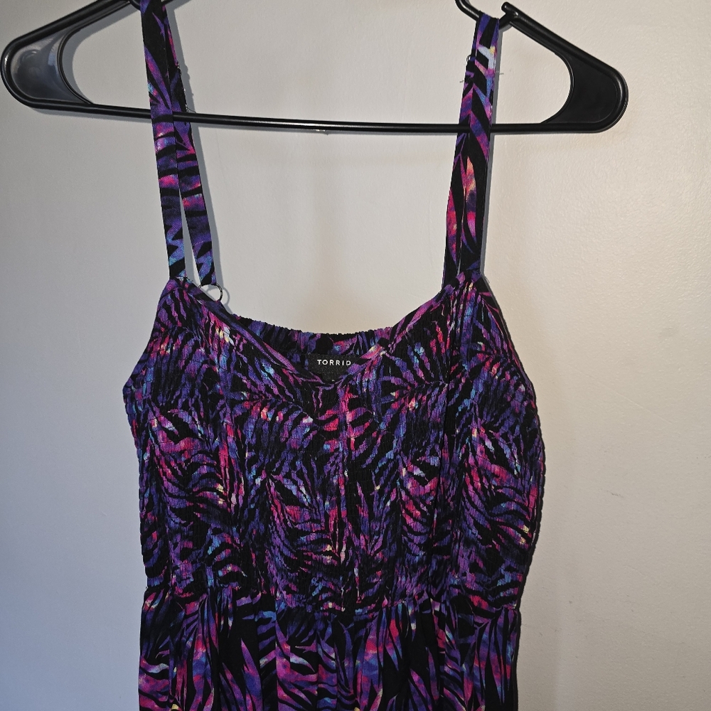 Torrid Smocked Pink and Purple Palm Leaf Dress - Plus Size: 2x - Picture 2 of 11
